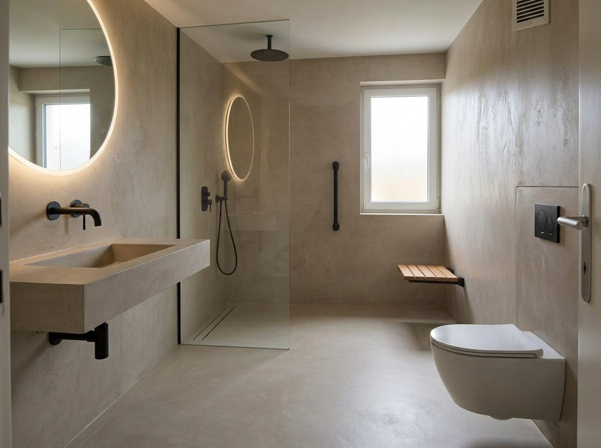 Neues barrierefreies Bad nach der Sanierung: ebenerdige fugenlose Walk-In-Dusche mit Haltegriff und Klappsitz